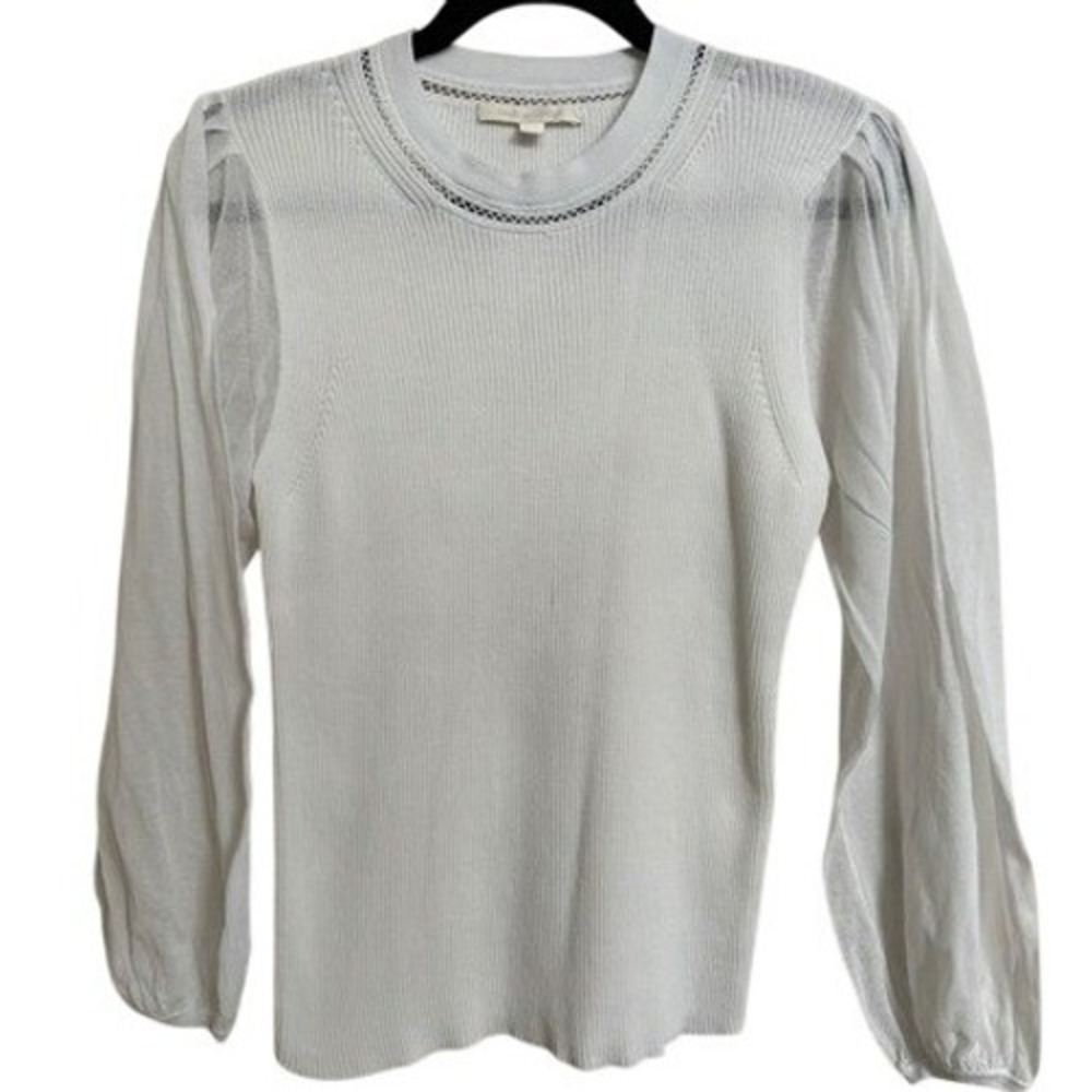 Jonathan Simkhai White Ribbed Knit Sheer Puff Sleeve Top L